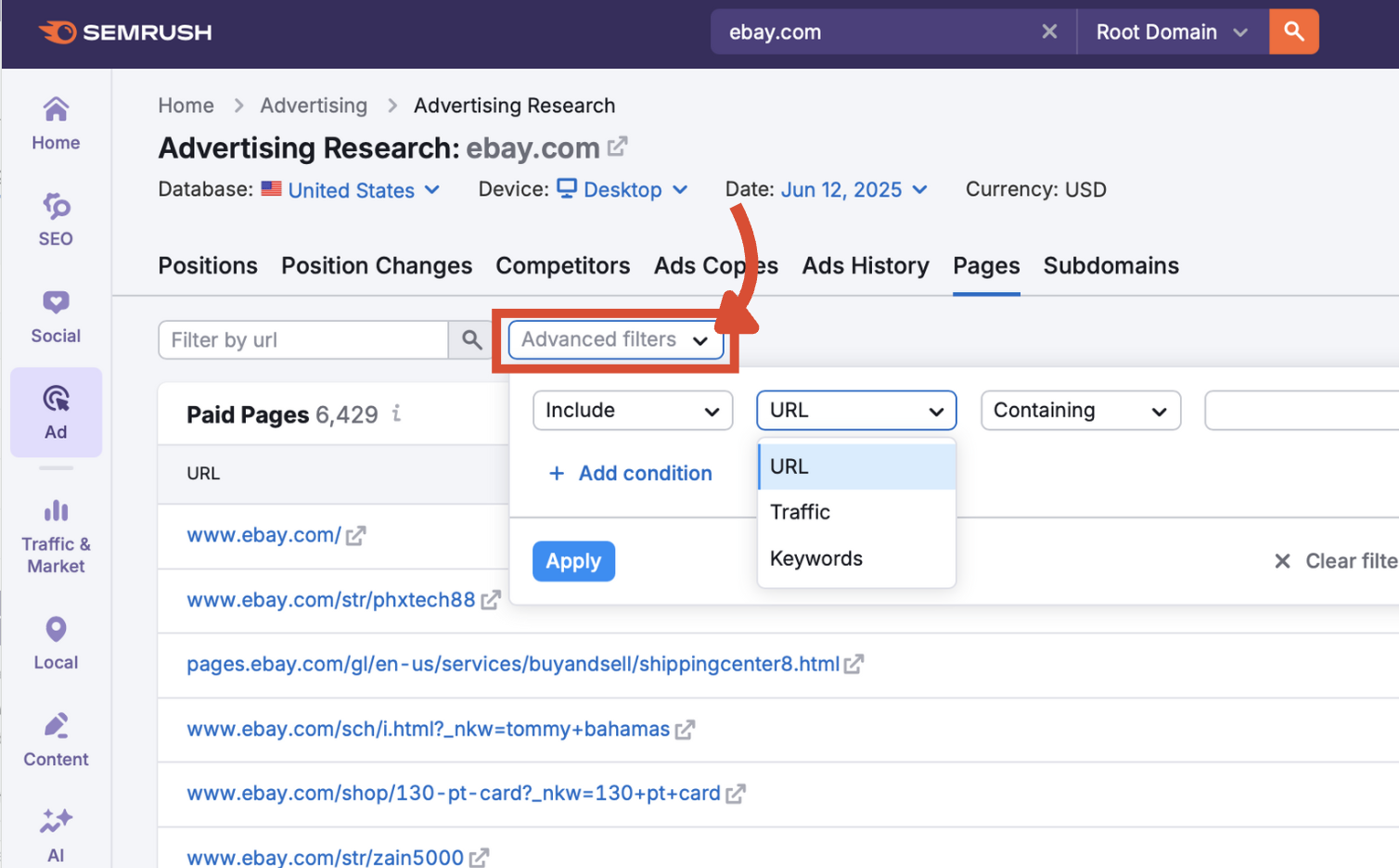 Advanced filters in the Pages tab.
