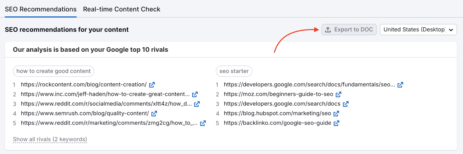 SEO recommendations panel with an arrow pointing to the “Export to DOC” button.