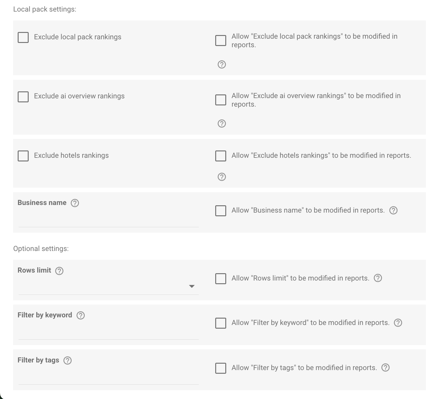 Parameters include: local pack settings, business name, filter by keyword, and filter by tags. 